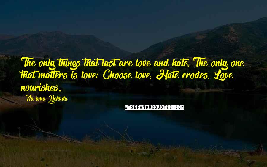 Na'ama Yehuda quotes: The only things that last are love and hate. The only one that matters is love: Choose love. Hate erodes. Love nourishes..