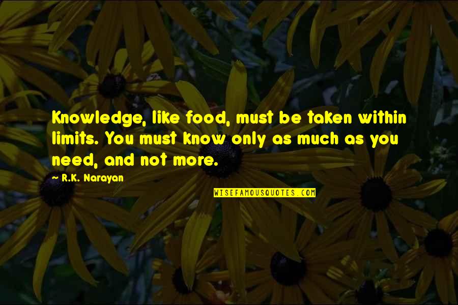 Narayan Quotes By R.K. Narayan: Knowledge, like food, must be taken within limits.