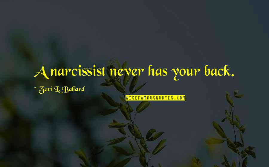 Narcissist Ex Quotes By Zari L. Ballard: A narcissist never has your back. Narcissist Ex Quotes By Zari L. Ballard: A narcissist never has your back.