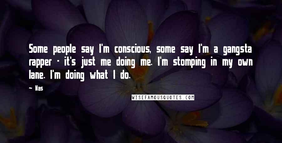 Nas quotes: Some people say I'm conscious, some say I'm a gangsta rapper - it's just me doing me. I'm stomping in my own lane. I'm doing what I do. Nas quotes: Some people say I'm conscious, some say I'm a gangsta rapper - it's just me doing me. I'm stomping in my own lane. I'm doing what I do.