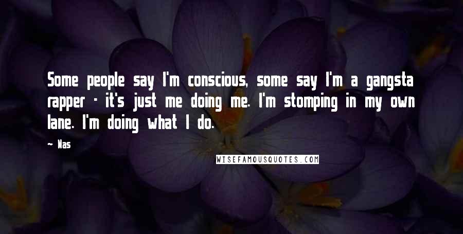 Nas quotes: Some people say I'm conscious, some say I'm a gangsta rapper - it's just me doing me. I'm stomping in my own lane. I'm doing what I do.