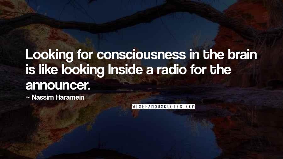 Nassim Haramein quotes: Looking for consciousness in the brain is like looking Inside a radio for the announcer.