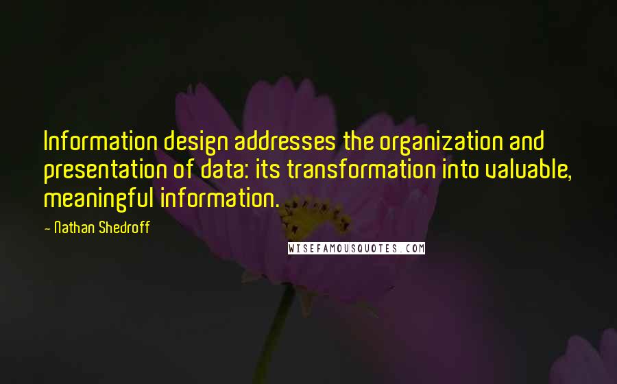 Nathan Shedroff quotes: Information design addresses the organization and presentation of data: its transformation into valuable, meaningful information.