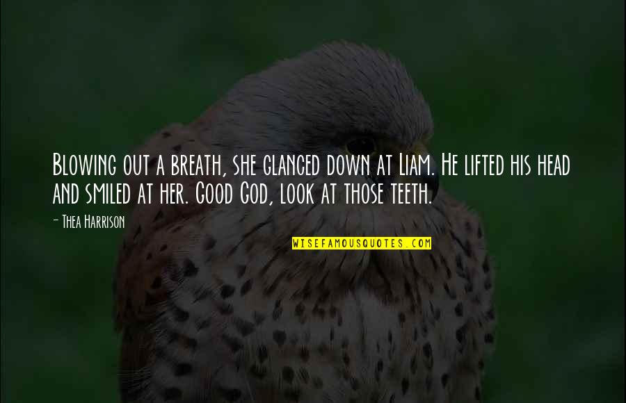 Native Spirituality Quotes By Thea Harrison: Blowing out a breath, she glanced down at