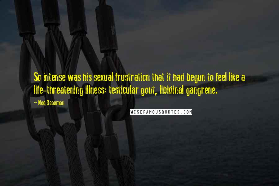 Ned Beauman quotes: So intense was his sexual frustration that it had begun to feel like a life-threatening illness: testicular gout, libidinal gangrene.