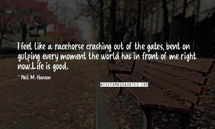 Neil M. Hanson quotes: I feel like a racehorse crashing out of the gates, bent on gulping every moment the world has in front of me right now.Life is good. Neil M. Hanson quotes: I feel like a racehorse crashing out of the gates, bent on gulping every moment the world has in front of me right now.Life is good.