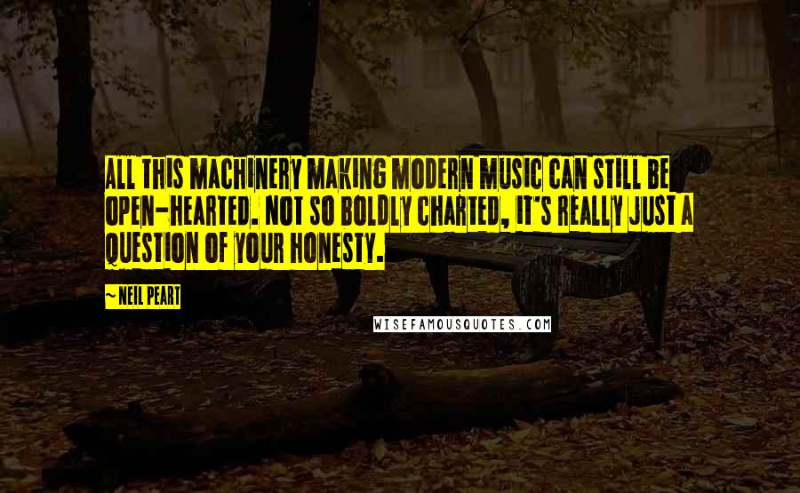 Neil Peart quotes: All this machinery making modern music can still be open-hearted. Not so boldly charted, it's really just a question of your honesty. Neil Peart quotes: All this machinery making modern music can still be open-hearted. Not so boldly charted, it's really just a question of your honesty.
