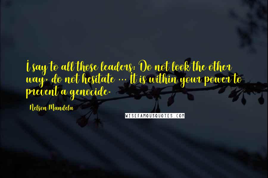 Nelson Mandela quotes: I say to all those leaders: Do not look the other way, do not hesitate ... It is within your power to prevent a genocide.