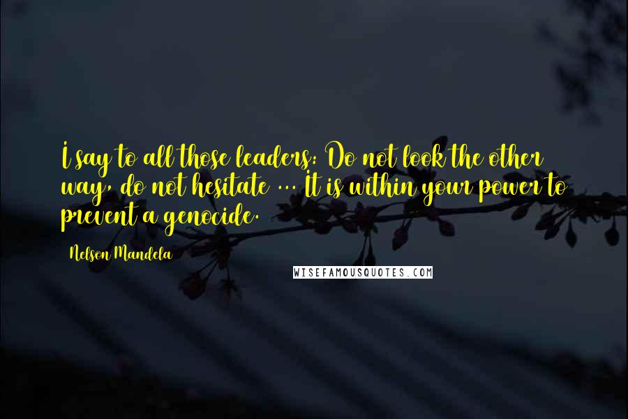 Nelson Mandela quotes: I say to all those leaders: Do not look the other way, do not hesitate ... It is within your power to prevent a genocide. Nelson Mandela quotes: I say to all those leaders: Do not look the other way, do not hesitate ... It is within your power to prevent a genocide.