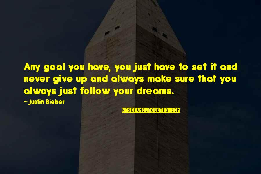 Never Give Up Dreams Quotes By Justin Bieber: Any goal you have, you just have to