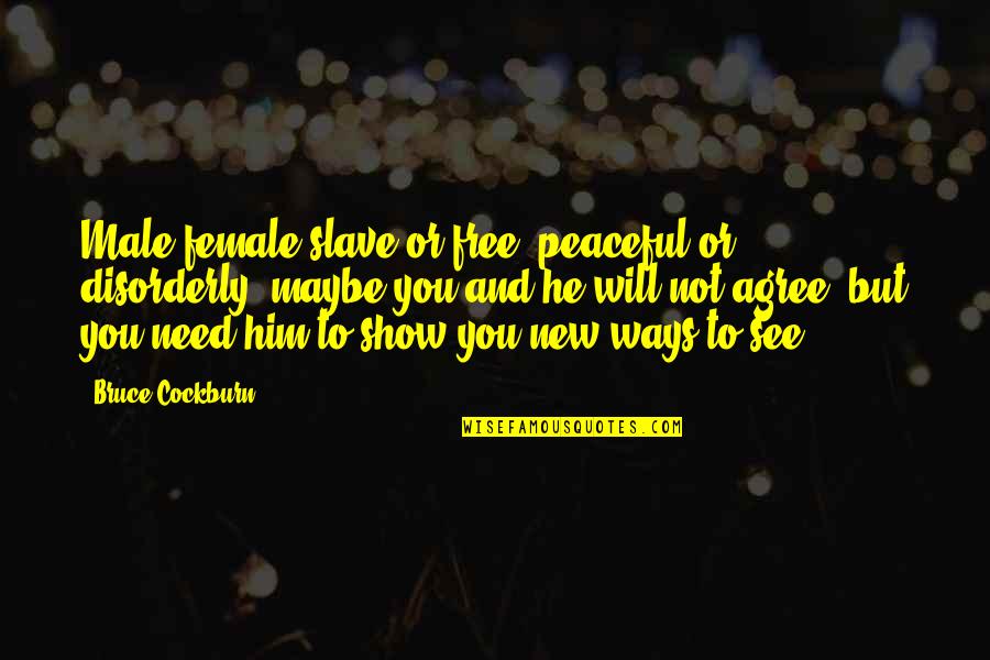 New Ways Quotes By Bruce Cockburn: Male female slave or free; peaceful or disorderly; New Ways Quotes By Bruce Cockburn: Male female slave or free; peaceful or disorderly;