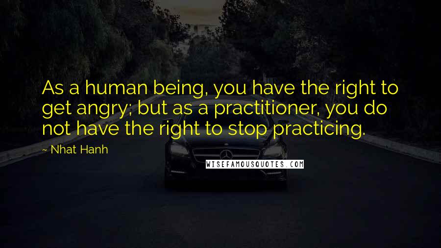Nhat Hanh quotes: As a human being, you have the right to get angry; but as a practitioner, you do not have the right to stop practicing.