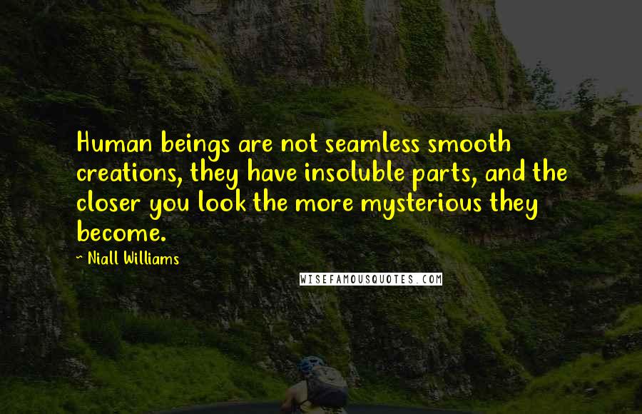 Niall Williams quotes: Human beings are not seamless smooth creations, they have insoluble parts, and the closer you look the more mysterious they become. Niall Williams quotes: Human beings are not seamless smooth creations, they have insoluble parts, and the closer you look the more mysterious they become.