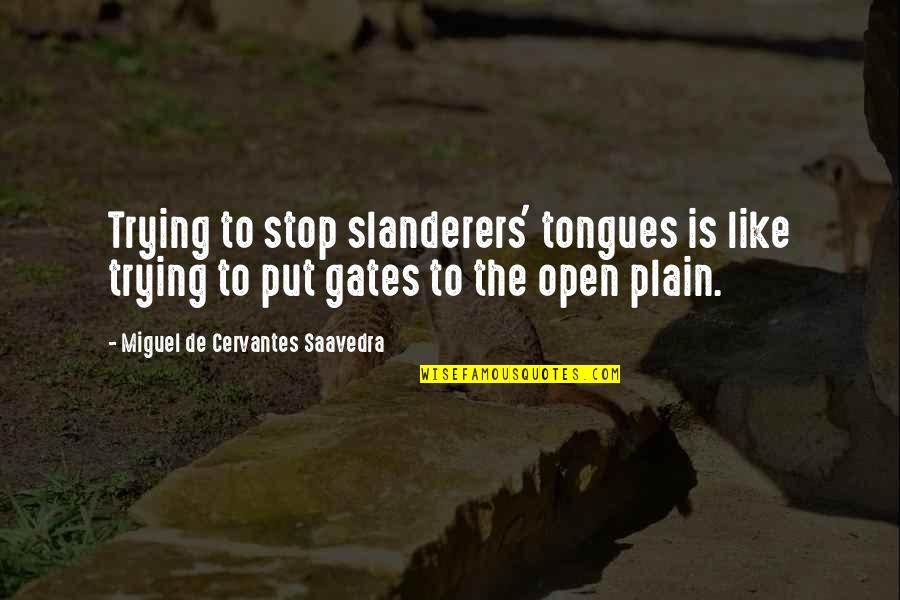 Niamyja Tyler Quotes By Miguel De Cervantes Saavedra: Trying to stop slanderers' tongues is like trying Niamyja Tyler Quotes By Miguel De Cervantes Saavedra: Trying to stop slanderers' tongues is like trying