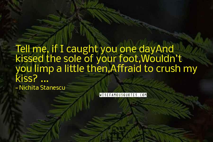 Nichita Stanescu quotes: Tell me, if I caught you one dayAnd kissed the sole of your foot,Wouldn't you limp a little then,Affraid to crush my kiss? ... Nichita Stanescu quotes: Tell me, if I caught you one dayAnd kissed the sole of your foot,Wouldn't you limp a little then,Affraid to crush my kiss? ...