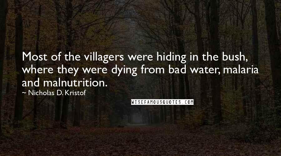 Nicholas D. Kristof quotes: Most of the villagers were hiding in the bush, where they were dying from bad water, malaria and malnutrition.