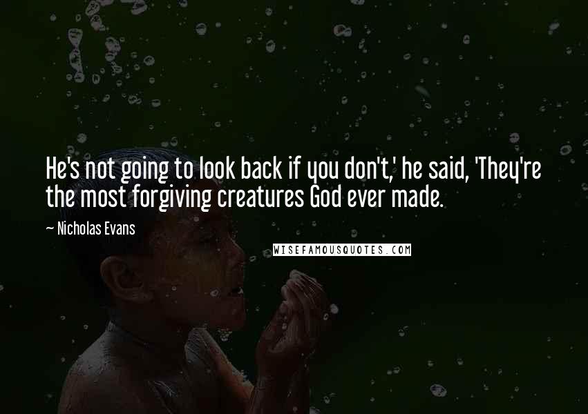 Nicholas Evans quotes: He's not going to look back if you don't,' he said, 'They're the most forgiving creatures God ever made.