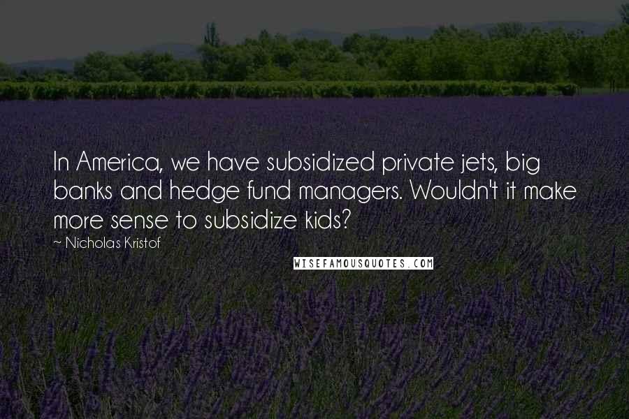 Nicholas Kristof quotes: In America, we have subsidized private jets, big banks and hedge fund managers. Wouldn't it make more sense to subsidize kids?