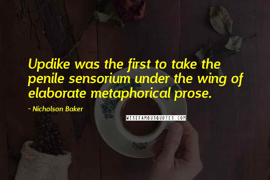 Nicholson Baker quotes: Updike was the first to take the penile sensorium under the wing of elaborate metaphorical prose.