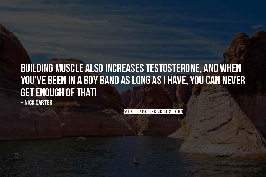 Nick Carter quotes: Building muscle also increases testosterone, and when you've been in a boy band as long as I have, you can never get enough of that!