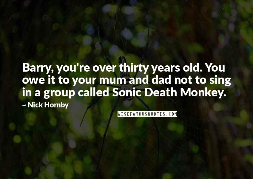 Nick Hornby quotes: Barry, you're over thirty years old. You owe it to your mum and dad not to sing in a group called Sonic Death Monkey.