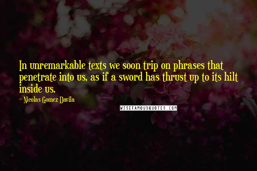Nicolas Gomez Davila quotes: In unremarkable texts we soon trip on phrases that penetrate into us, as if a sword has thrust up to its hilt inside us.
