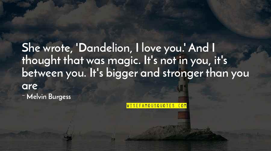 Niepokalanow Poland Quotes By Melvin Burgess: She wrote, 'Dandelion, I love you.' And I Niepokalanow Poland Quotes By Melvin Burgess: She wrote, 'Dandelion, I love you.' And I
