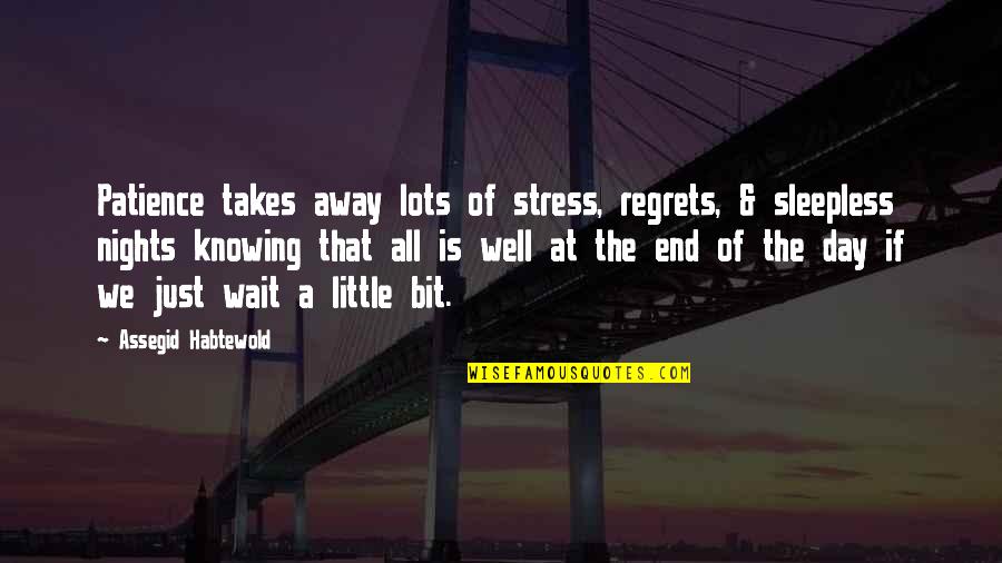 Nights Are Sleepless Quotes By Assegid Habtewold: Patience takes away lots of stress, regrets, & Nights Are Sleepless Quotes By Assegid Habtewold: Patience takes away lots of stress, regrets, &