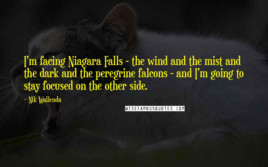 Nik Wallenda quotes: I'm facing Niagara Falls - the wind and the mist and the dark and the peregrine falcons - and I'm going to stay focused on the other side.
