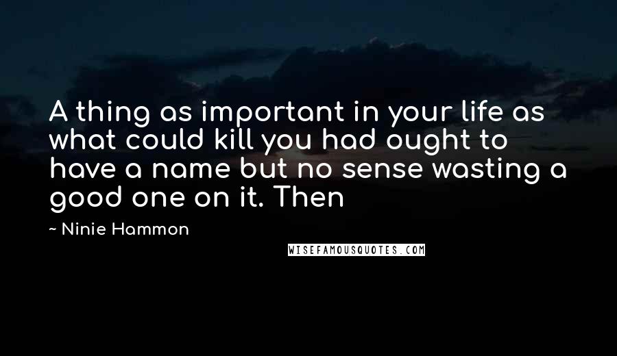Ninie Hammon quotes: A thing as important in your life as what could kill you had ought to have a name but no sense wasting a good one on it. Then Ninie Hammon quotes: A thing as important in your life as what could kill you had ought to have a name but no sense wasting a good one on it. Then