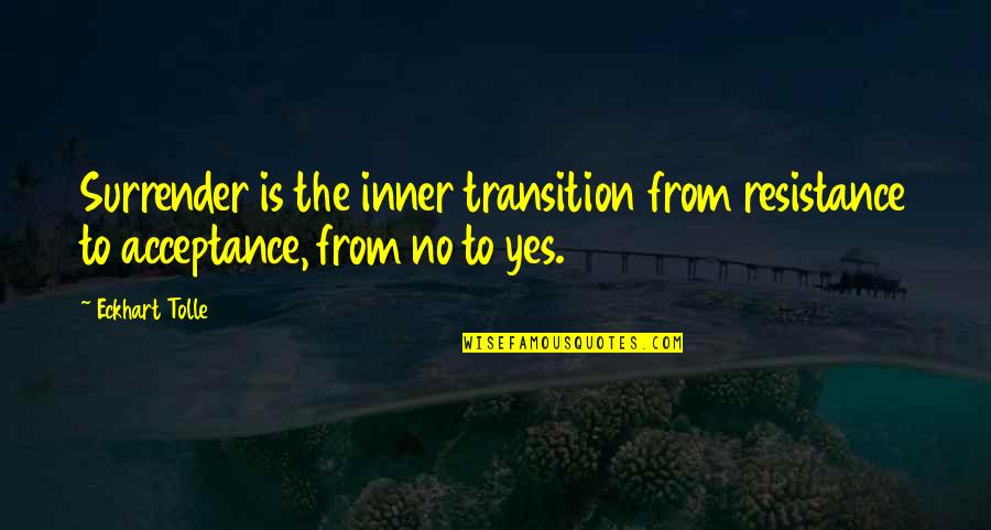 No Surrender Quotes By Eckhart Tolle: Surrender is the inner transition from resistance to