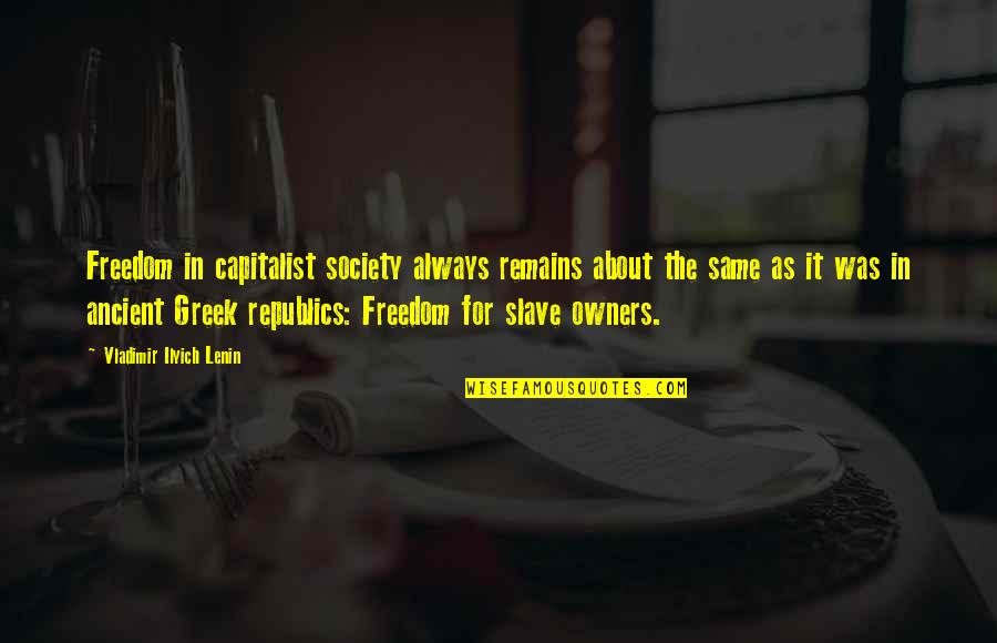 Non Capitalist Democracy Quotes By Vladimir Ilyich Lenin: Freedom in capitalist society always remains about the Non Capitalist Democracy Quotes By Vladimir Ilyich Lenin: Freedom in capitalist society always remains about the