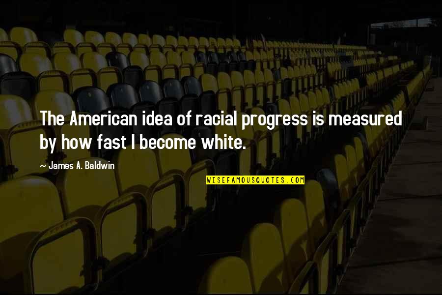 Non Saving Income Quotes By James A. Baldwin: The American idea of racial progress is measured
