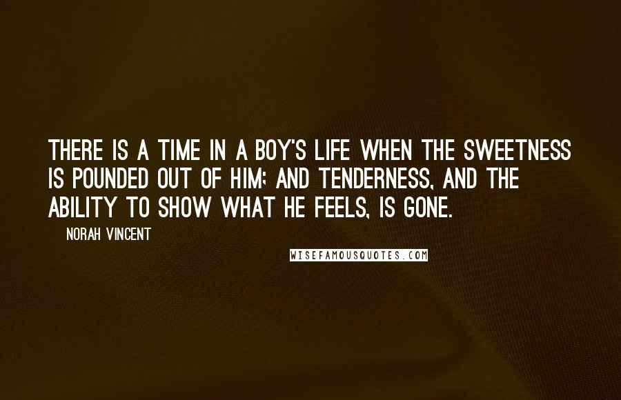 Norah Vincent quotes: There is a time in a boy's life when the sweetness is pounded out of him; and tenderness, and the ability to show what he feels, is gone. Norah Vincent quotes: There is a time in a boy's life when the sweetness is pounded out of him; and tenderness, and the ability to show what he feels, is gone.
