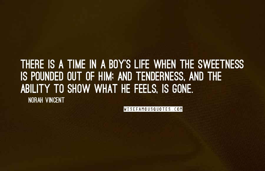 Norah Vincent quotes: There is a time in a boy's life when the sweetness is pounded out of him; and tenderness, and the ability to show what he feels, is gone.