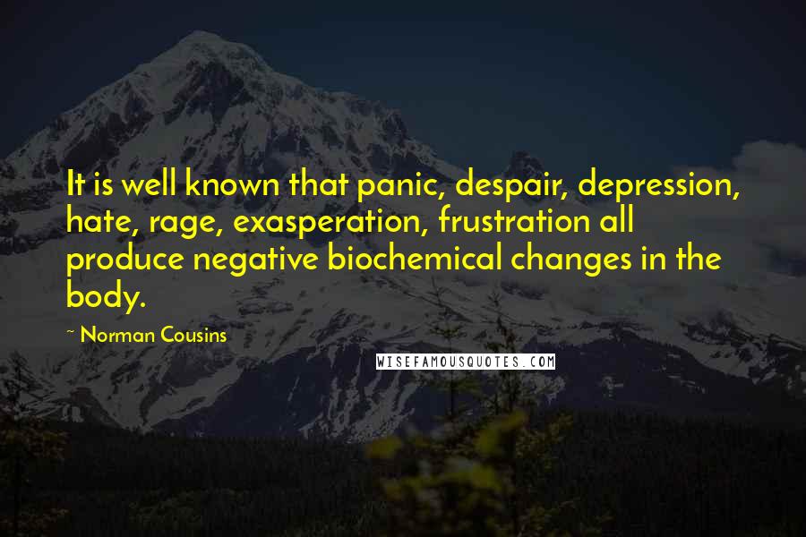 Norman Cousins quotes: It is well known that panic, despair, depression, hate, rage, exasperation, frustration all produce negative biochemical changes in the body. Norman Cousins quotes: It is well known that panic, despair, depression, hate, rage, exasperation, frustration all produce negative biochemical changes in the body.