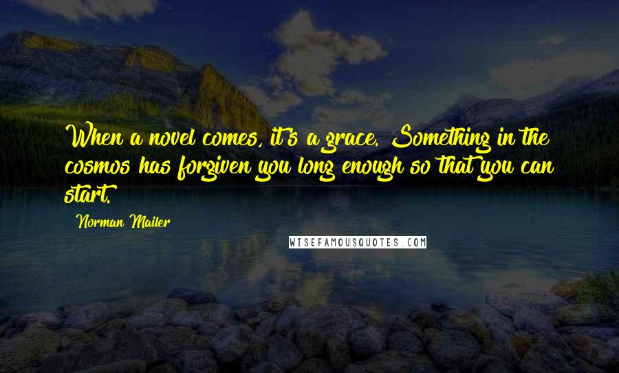 Norman Mailer quotes: When a novel comes, it's a grace. Something in the cosmos has forgiven you long enough so that you can start.