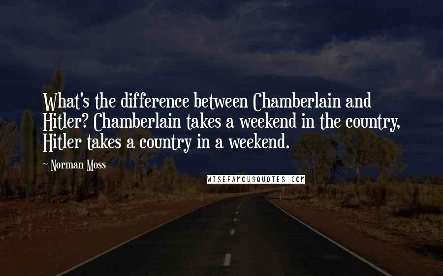 Norman Moss quotes: What's the difference between Chamberlain and Hitler? Chamberlain takes a weekend in the country, Hitler takes a country in a weekend. Norman Moss quotes: What's the difference between Chamberlain and Hitler? Chamberlain takes a weekend in the country, Hitler takes a country in a weekend.