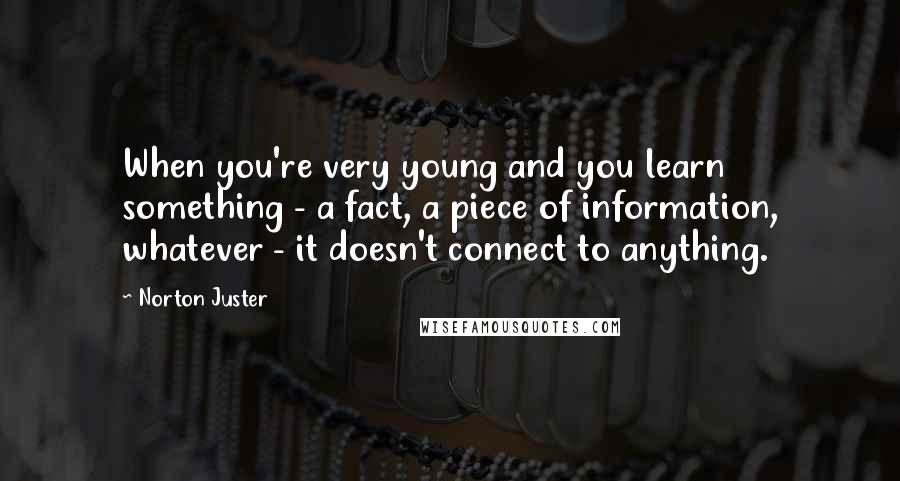 Norton Juster quotes: When you're very young and you learn something - a fact, a piece of information, whatever - it doesn't connect to anything.