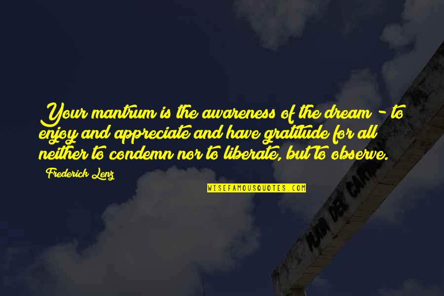 Not Allowed To Be Happy Quotes By Frederick Lenz: Your mantrum is the awareness of the dream
