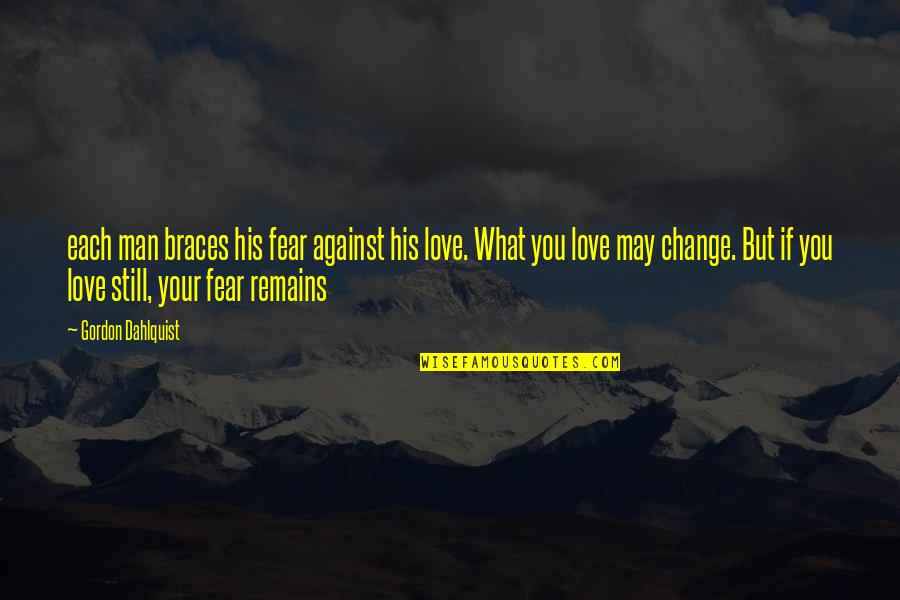 Not Fear Of Change Quotes By Gordon Dahlquist: each man braces his fear against his love.