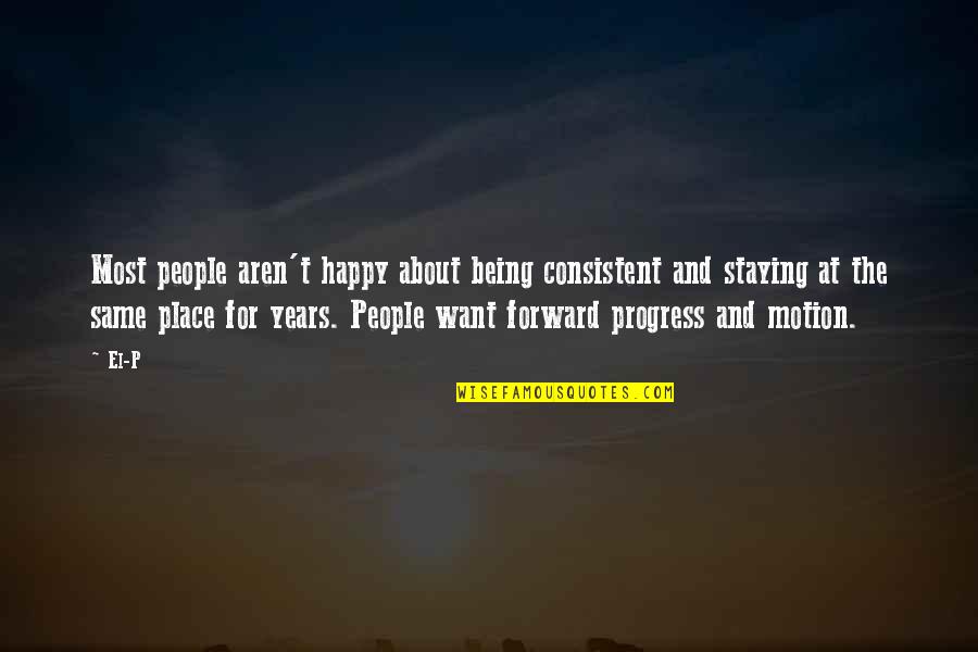 Not Staying In The Same Place Quotes By El-P: Most people aren't happy about being consistent and