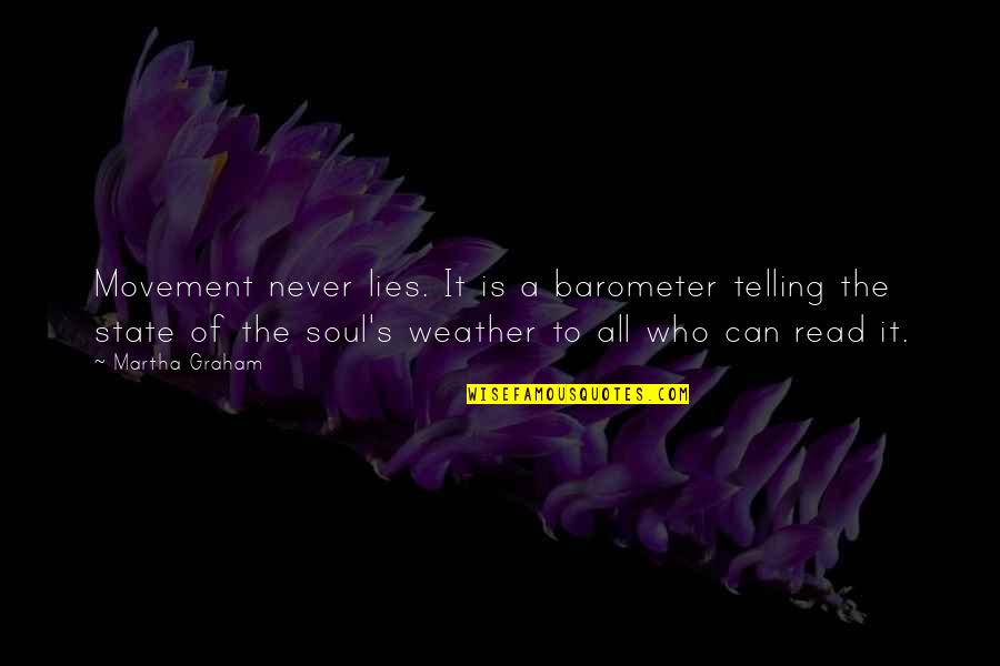 Not Telling Lies Quotes By Martha Graham: Movement never lies. It is a barometer telling Not Telling Lies Quotes By Martha Graham: Movement never lies. It is a barometer telling