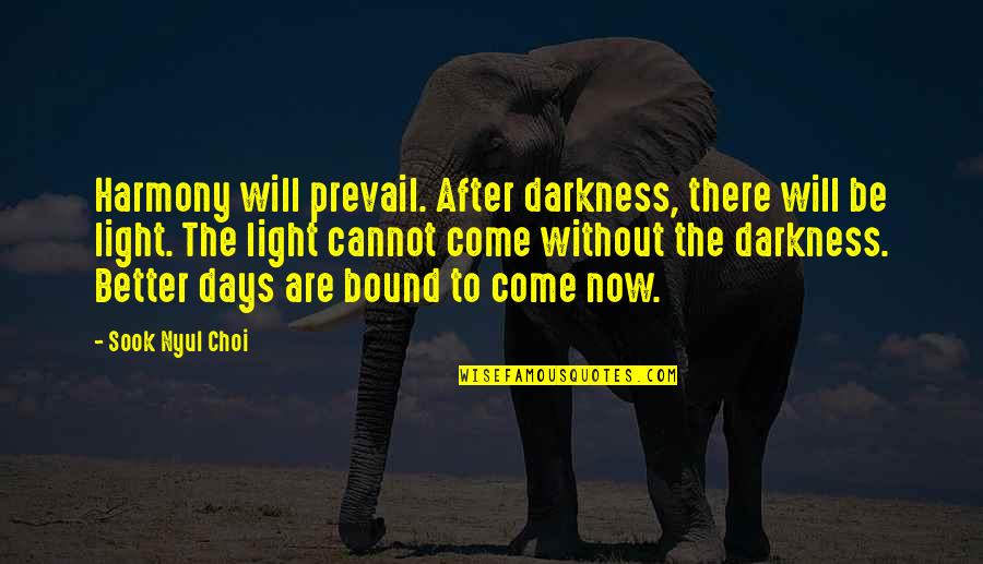 Now And Days Quotes By Sook Nyul Choi: Harmony will prevail. After darkness, there will be Now And Days Quotes By Sook Nyul Choi: Harmony will prevail. After darkness, there will be