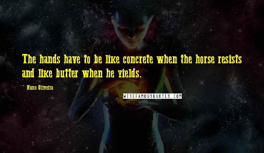 Nuno Oliveira quotes: The hands have to be like concrete when the horse resists and like butter when he yields.