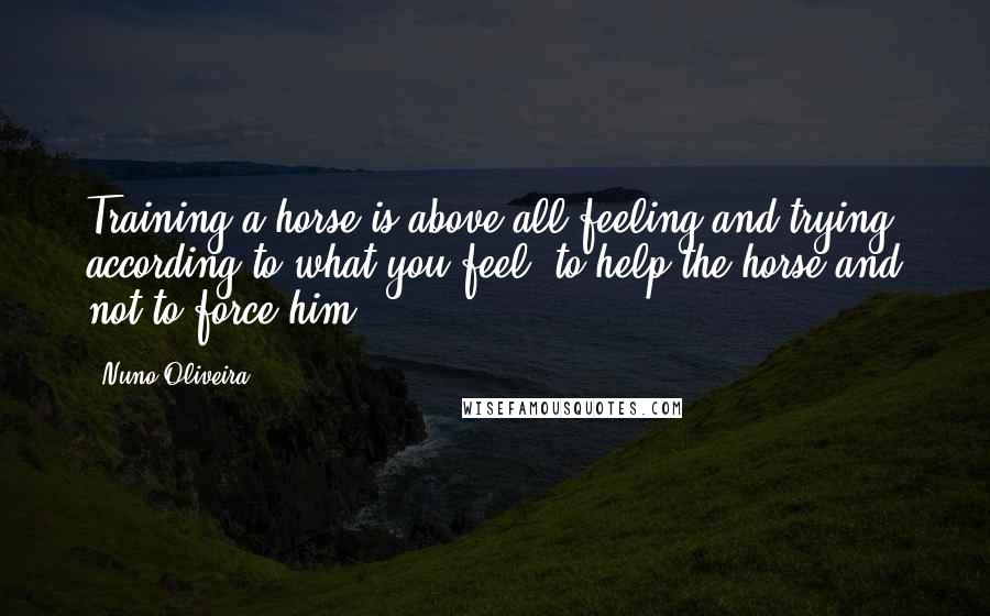Nuno Oliveira quotes: Training a horse is above all feeling and trying, according to what you feel, to help the horse and not to force him.