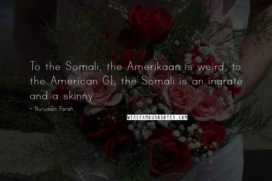 Nuruddin Farah quotes: To the Somali, the Amerikaan is weird, to the American GI, the Somali is an ingrate and a skinny.