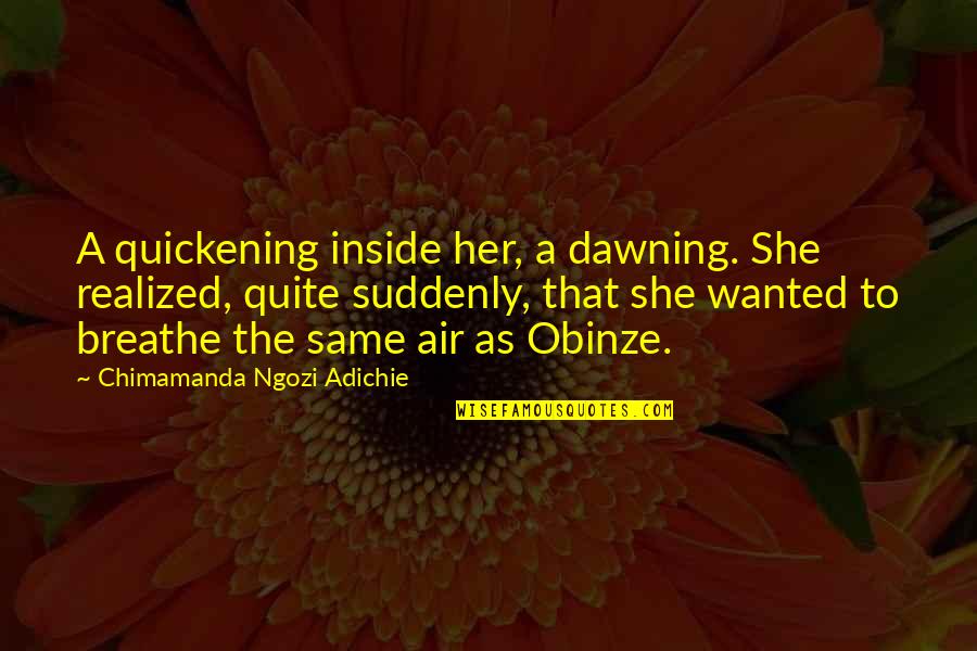 Obinze Quotes By Chimamanda Ngozi Adichie: A quickening inside her, a dawning. She realized,