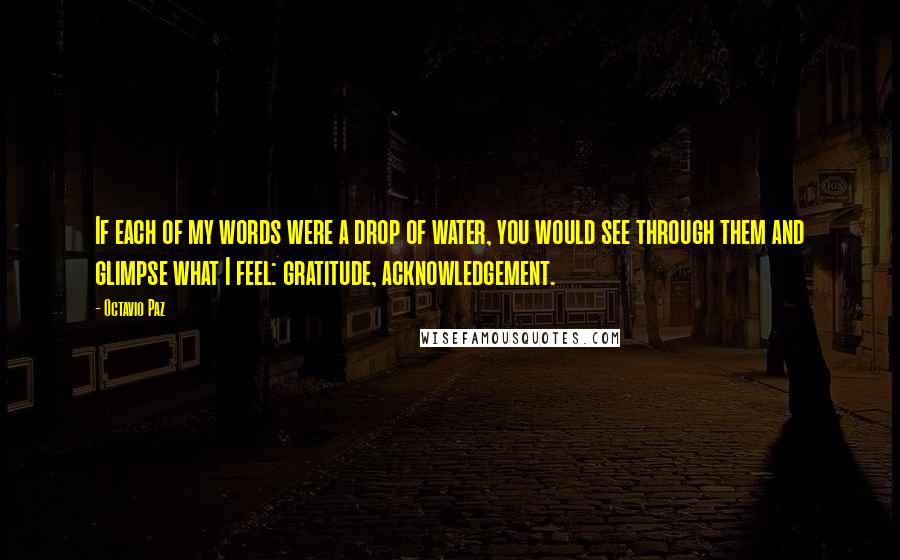 Octavio Paz quotes: If each of my words were a drop of water, you would see through them and glimpse what I feel: gratitude, acknowledgement.
