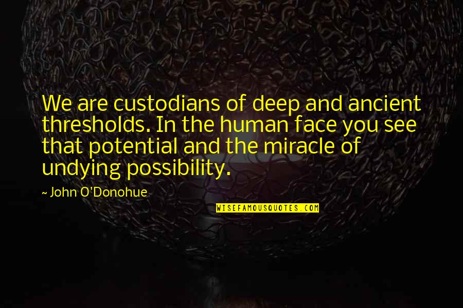 O'donohue Quotes By John O'Donohue: We are custodians of deep and ancient thresholds.